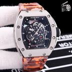 Richard Mille watch with camo orange strap and dark skeleton dial, stainless case