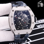 Richard Mille watch with camo dark gray strap and dark skeleton dial, stainless case