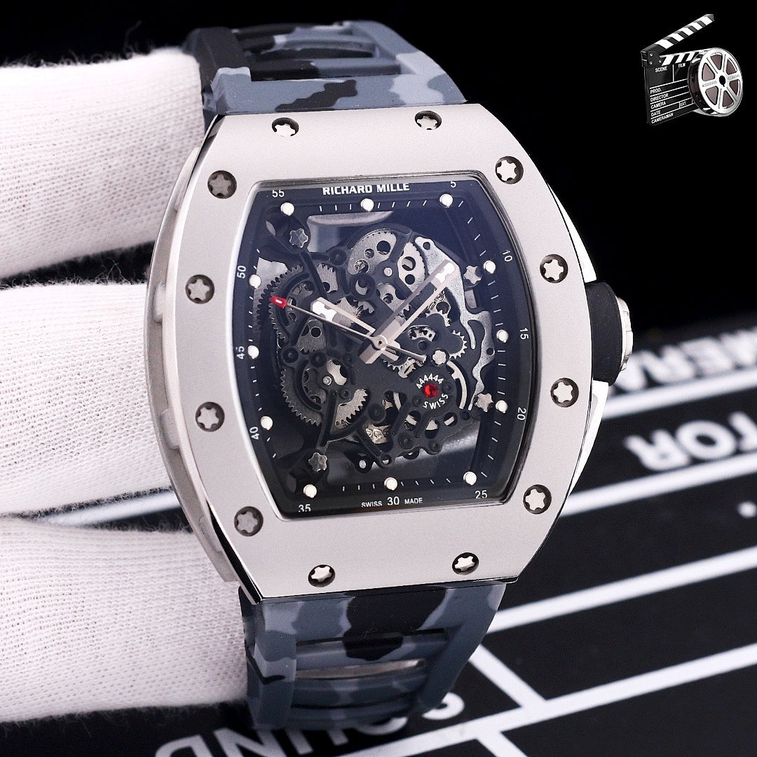 Richard Mille watch with camo dark gray strap and dark skeleton dial, stainless case