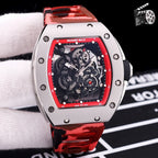 Richard Mille watch with camo red strap and red bezel, skeleton dial on stainless case
