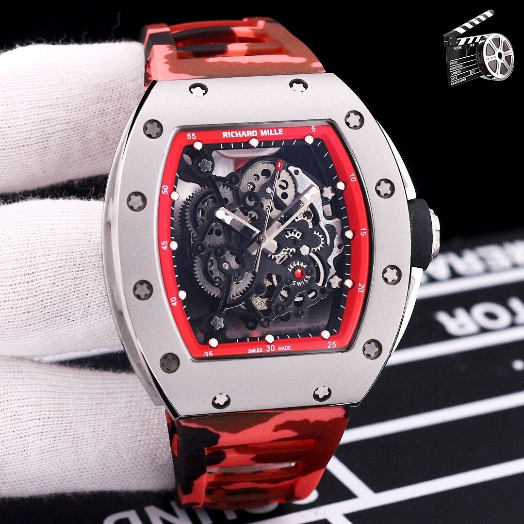 Richard Mille watch with camo red strap and red bezel, skeleton dial on stainless case