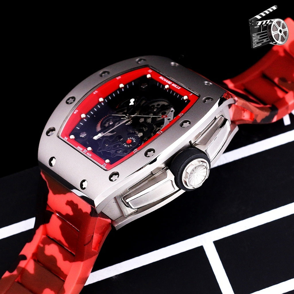 Richard Mille watch angled view with camo red strap, skeleton dial and crown detail