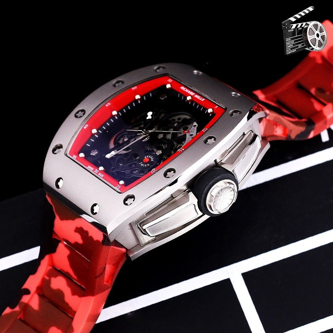 Richard Mille watch angled view with camo red strap, skeleton dial and crown detail