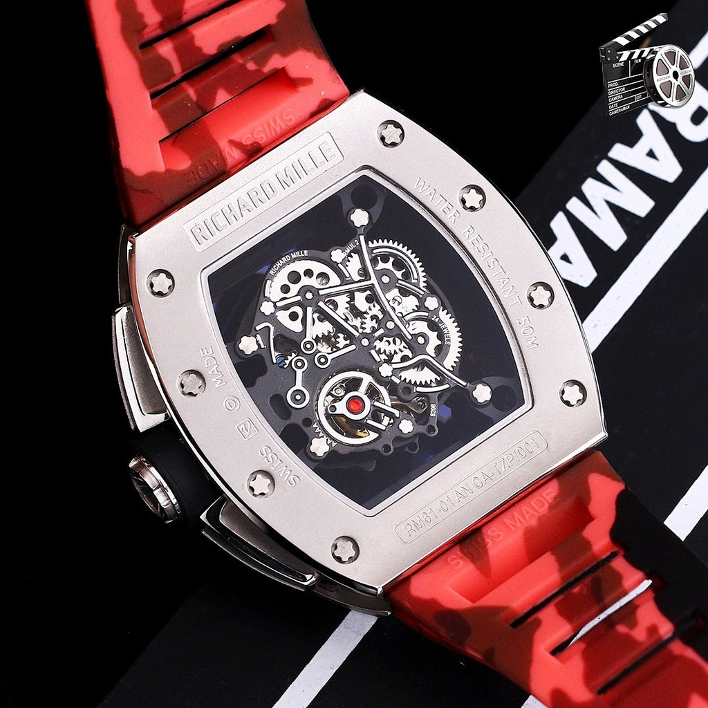 Richard Mille watch top view with camo red strap and exposed mechanical dial, stainless case