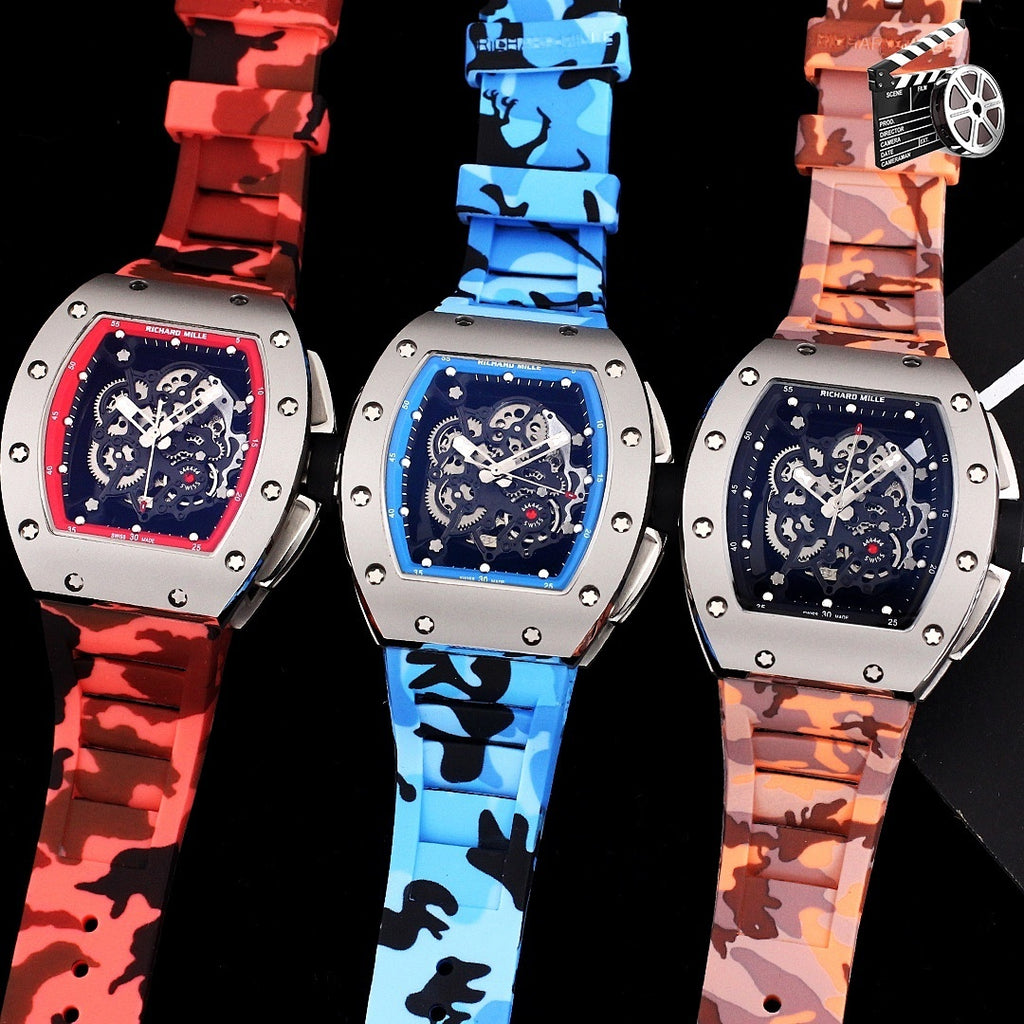 Richard Mille watch set of three with camo straps: red, blue, and brown; skeleton dials