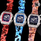 Richard Mille watch set of three with camo straps: red, blue, and brown; skeleton dials