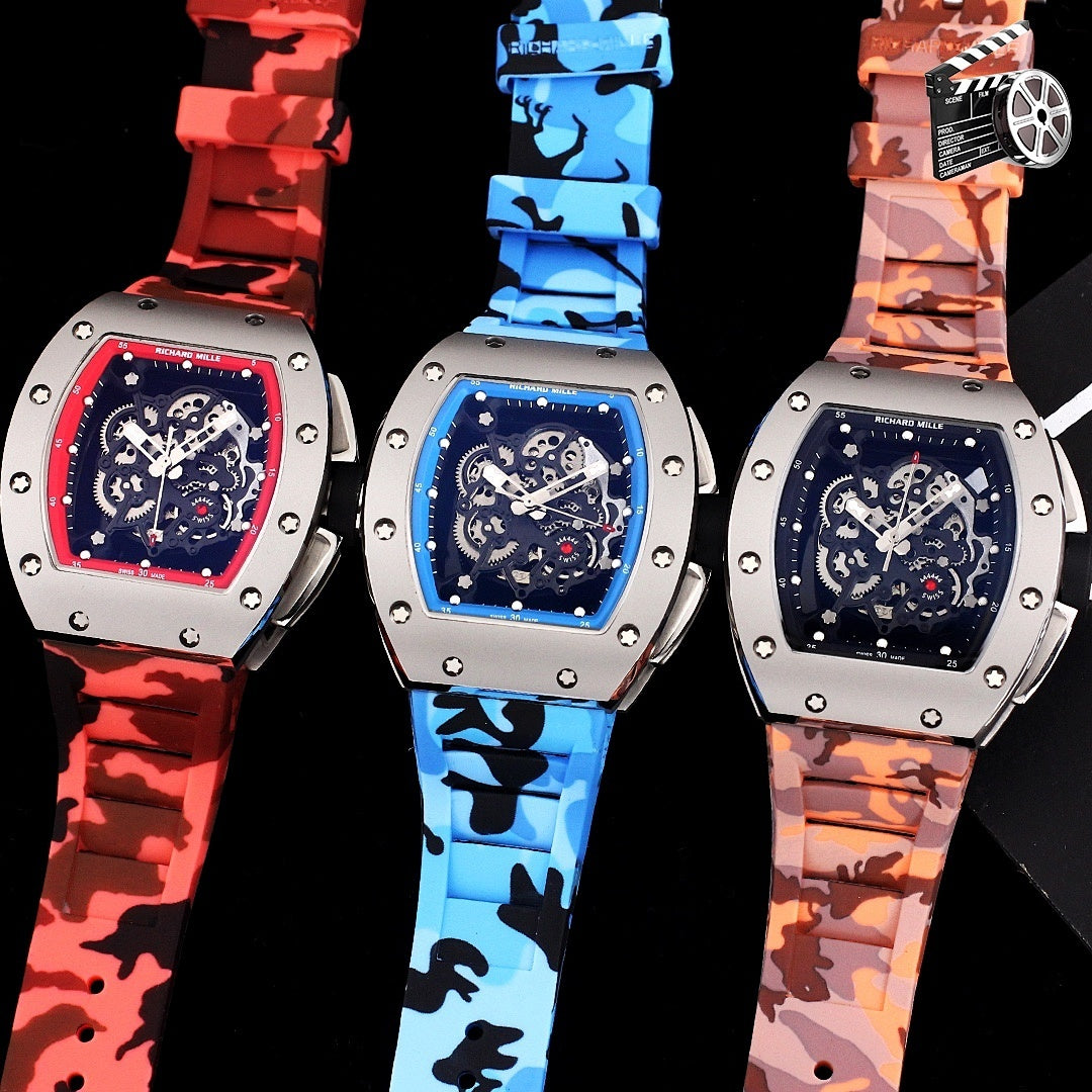 Richard Mille watch set of three with camo straps: red, blue, and brown; skeleton dials