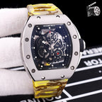 Richard Mille watch with yellow camo strap and dark skeleton dial, metal bezel and lugs
