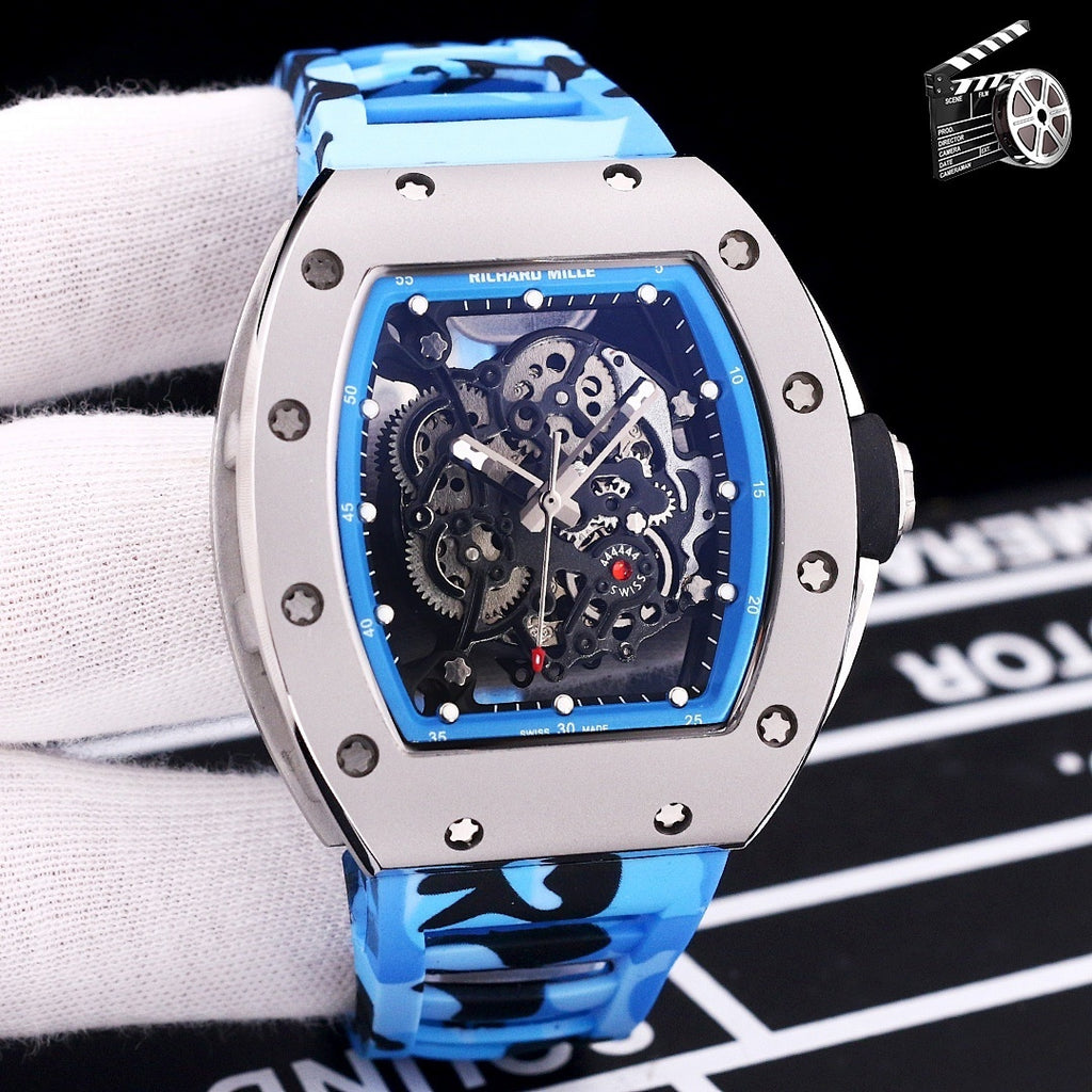 Richard Mille watch with camo blue strap and dark skeleton dial, stainless case