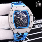 Richard Mille watch with camo blue strap and dark skeleton dial, stainless case