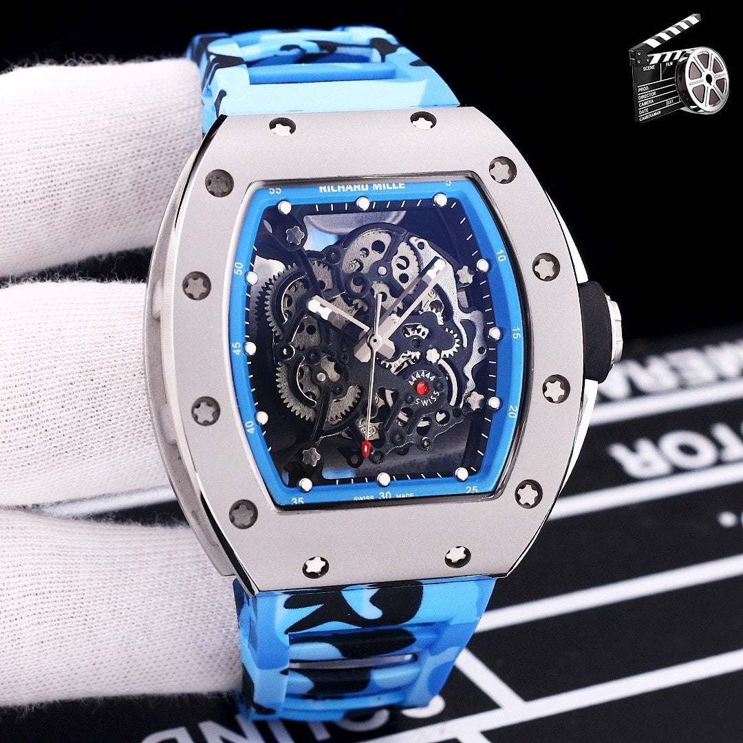 Richard Mille watch with camo blue strap and dark skeleton dial, stainless case
