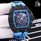 Richard Mille wristwatch with blue camo rubber strap, black case, skeleton dial