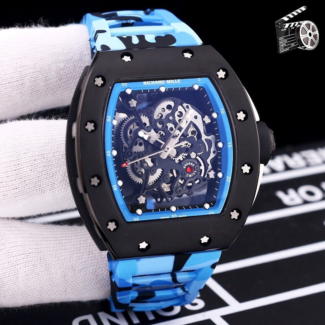 Richard Mille wristwatch with blue camo rubber strap, black case, skeleton dial