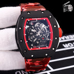 Richard Mille wristwatch with red camo rubber strap, black case, skeleton dial