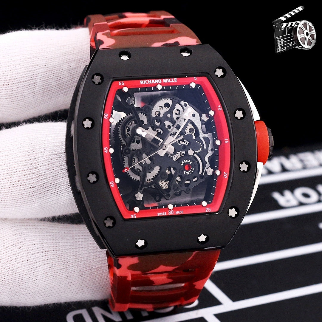 Richard Mille wristwatch with red camo rubber strap, black case, skeleton dial
