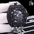 Richard Mille wristwatch with light camo rubber strap, black case, skeleton dial