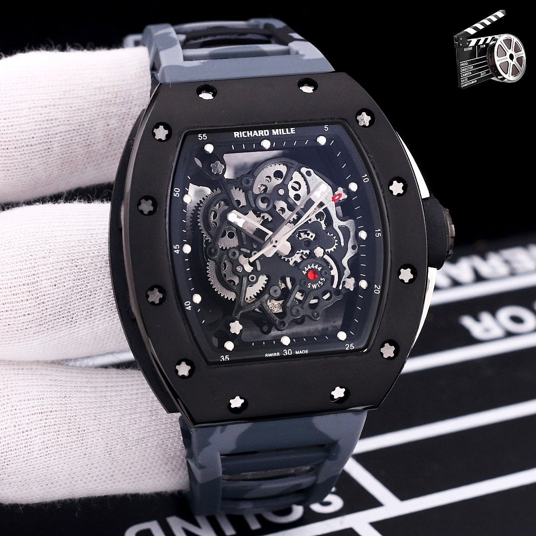 Richard Mille wristwatch with gray camo rubber strap, black case, skeleton dial