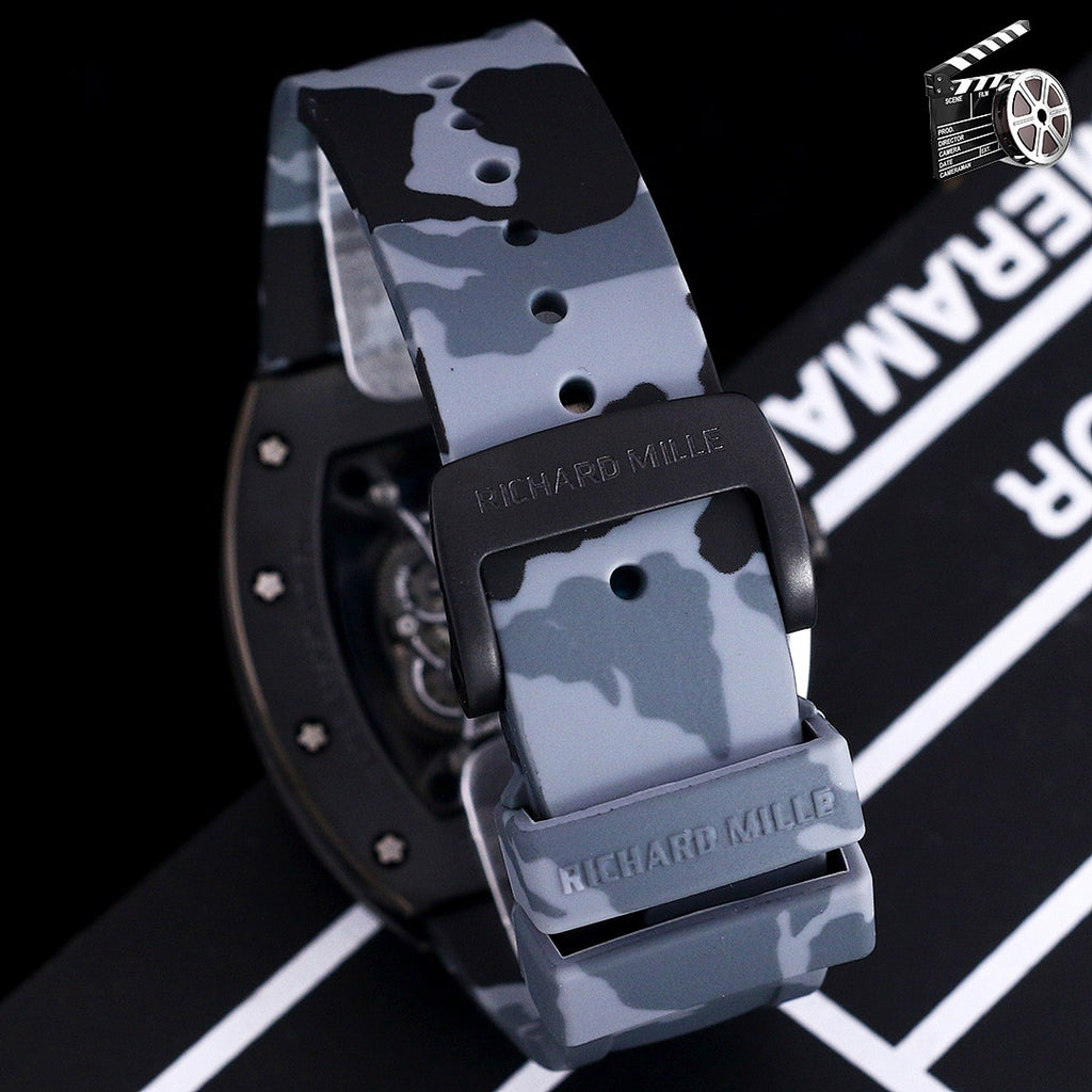 Richard Mille rubber watch strap in blue camo pattern with buckle clasp