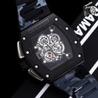 Richard Mille wristwatch with black case and blue camo strap, skeleton dial