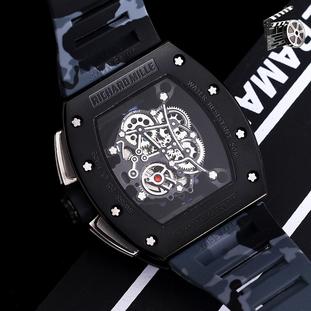 Richard Mille wristwatch with black case and blue camo strap, skeleton dial