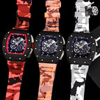 Three Richard Mille wristwatches with camo straps: red, orange, and white, black cases