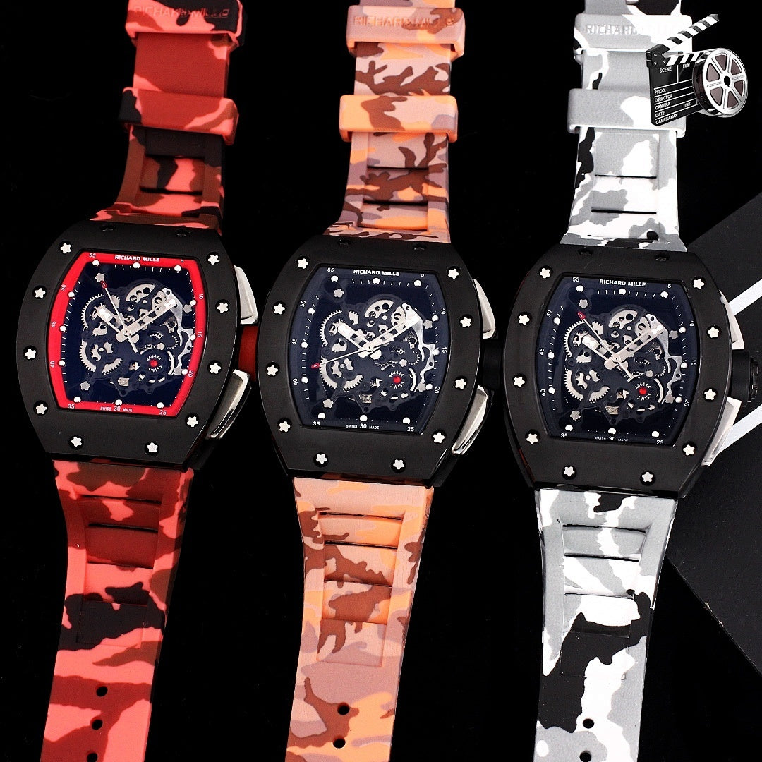Three Richard Mille wristwatches with camo straps: red, orange, and white, black cases
