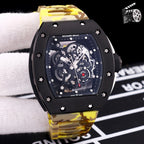 Richard Mille wristwatch with yellow camo rubber strap, black case, skeleton dial