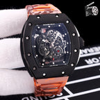 Richard Mille wristwatch with orange camo rubber strap, black case, skeleton dial