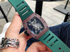 Richard Mille watch with green strap, back view of square case and strap holes