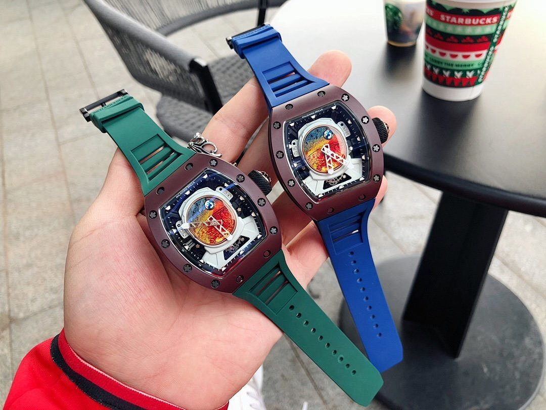 Richard Mille watch set with green and blue straps, square dark case, visible dial