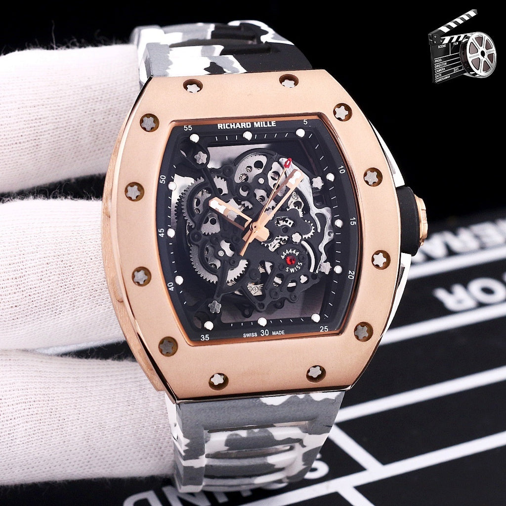 Richard Mille watch with rose-gold case and gray camouflage strap, skeleton dial.