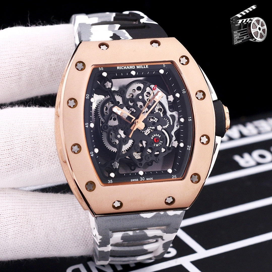 Richard Mille watch with rose-gold case and gray camouflage strap, skeleton dial.