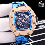 Richard Mille watch with rose-gold case and blue camouflage strap, skeleton dial.