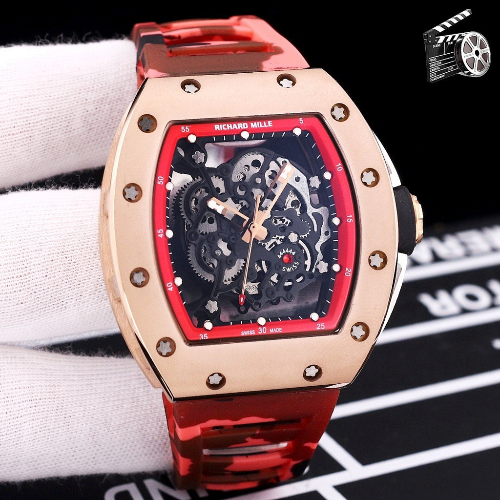 Richard Mille watch with rose-gold case and red camouflage strap, skeleton dial.