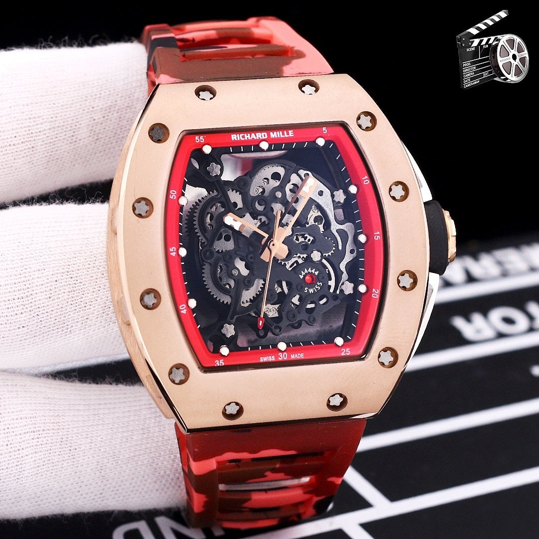Richard Mille watch with rose-gold case and red camouflage strap, skeleton dial.