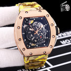 Richard Mille watch with rose-gold case and yellow camouflage strap, skeleton dial.