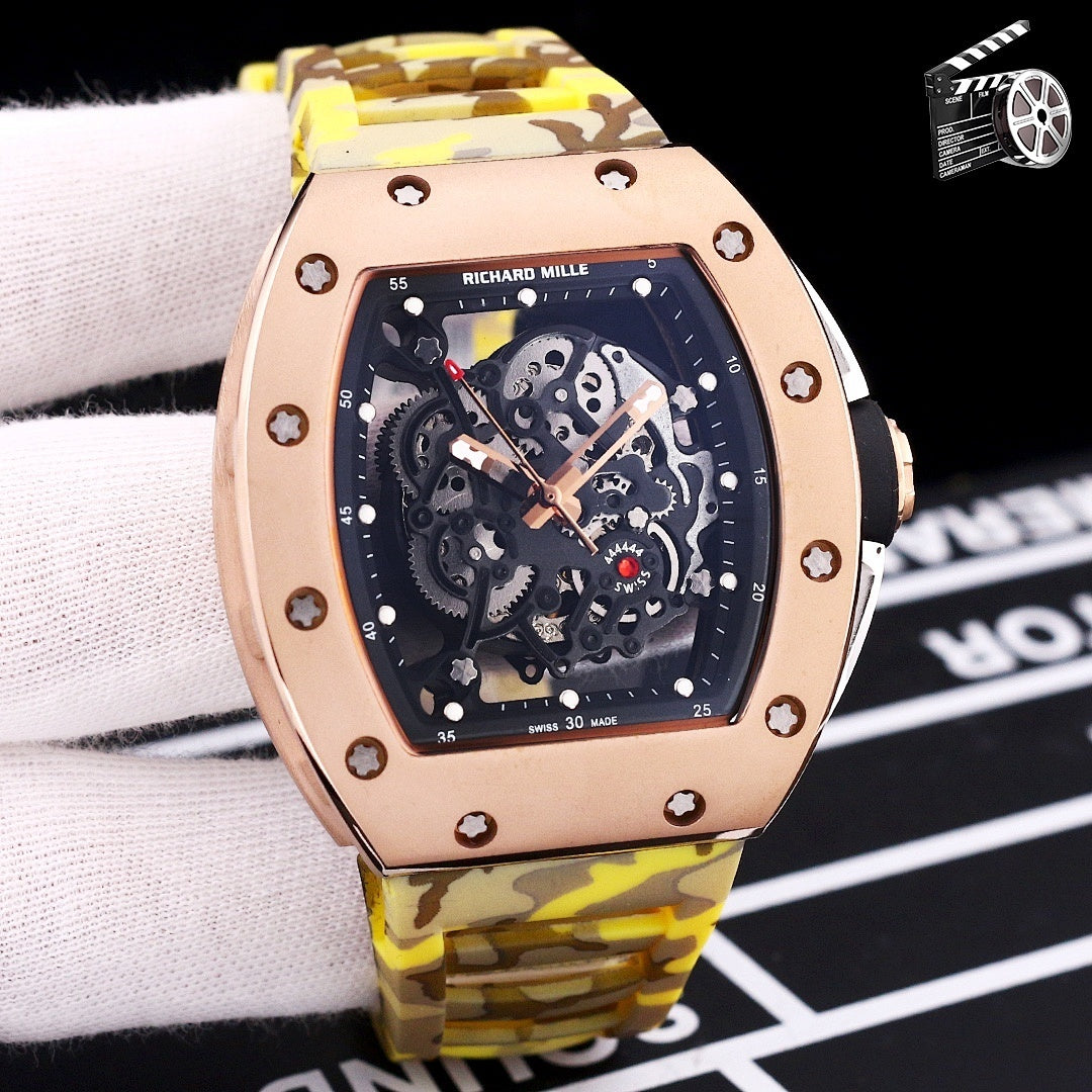 Richard Mille watch with rose-gold case and yellow camouflage strap, skeleton dial.