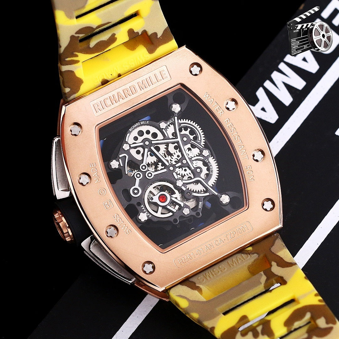 Richard Mille watch with rose-gold case and yellow camouflage strap, angled view.