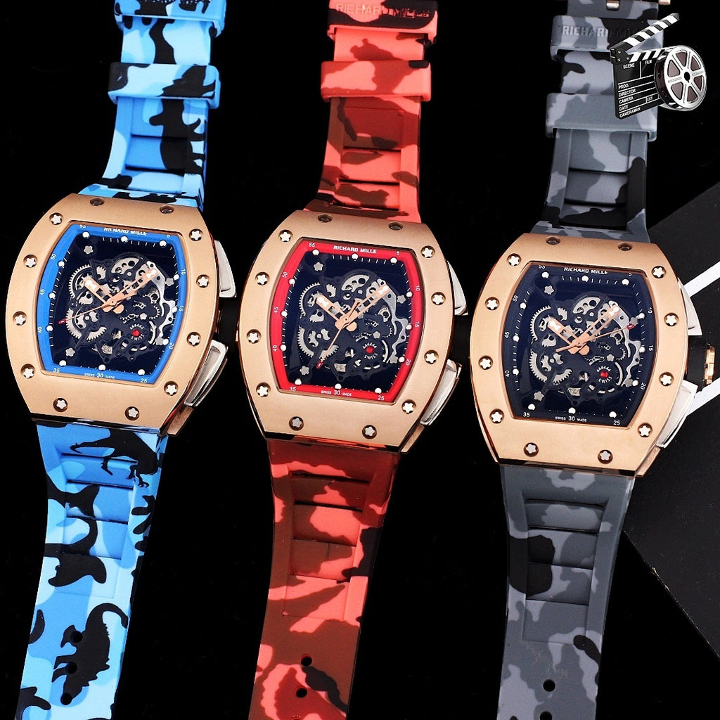 Richard Mille watch set with blue, red, and gray camouflage straps and rose-gold cases.