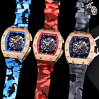 Richard Mille watch set with blue, red, and gray camouflage straps and rose-gold cases.