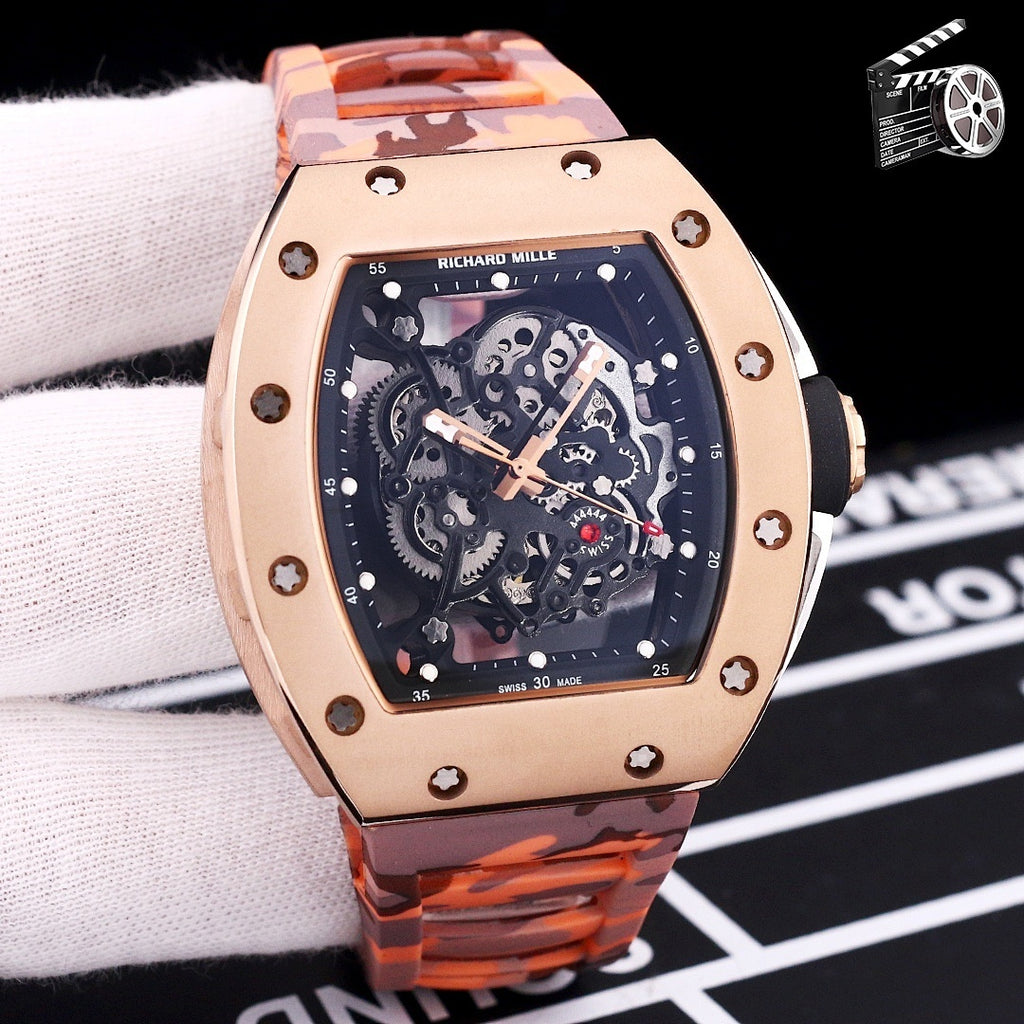 Richard Mille watch with rose-gold case and orange camouflage strap, front view.