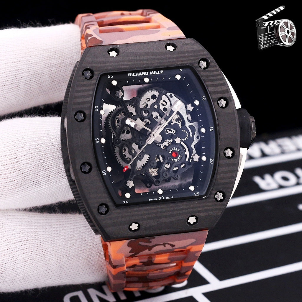 Orange camo rubber strap watch with black case and skeleton dial with silver gears.