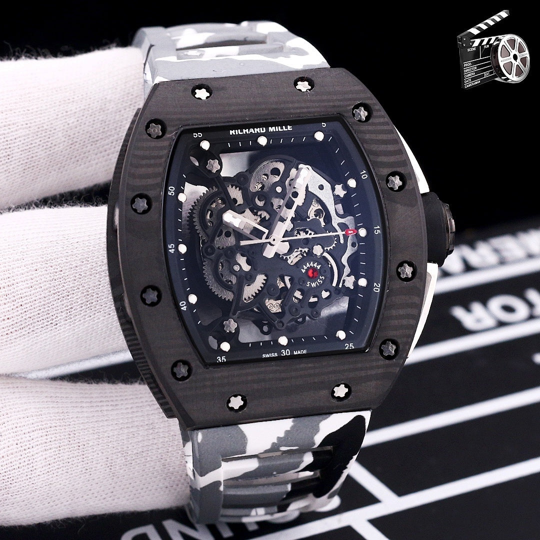 White camo rubber strap watch with black case and skeleton dial with exposed gears.