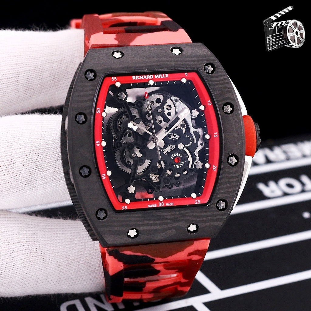 Red camo rubber strap watch with black case, skeleton dial, and red outer ring.