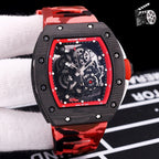 Red camo rubber strap watch with black case, skeleton dial, and red outer ring.