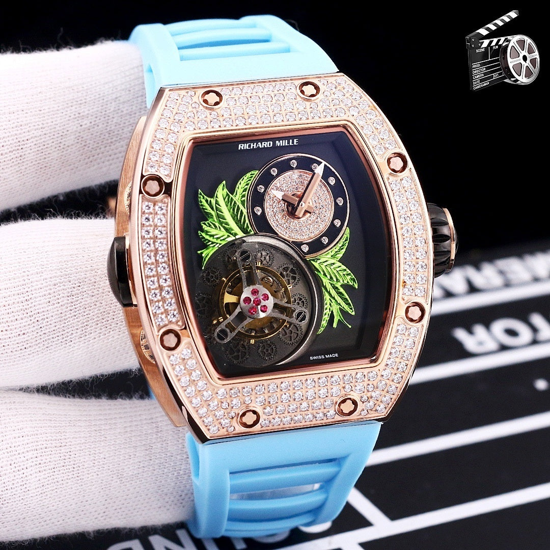 Richard Mille watch, light blue silicone strap, crystal bezel, skeleton dial with green leaves