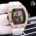 Richard Mille watch, white silicone strap, rose-gold crystal bezel, skeleton dial with green leaves