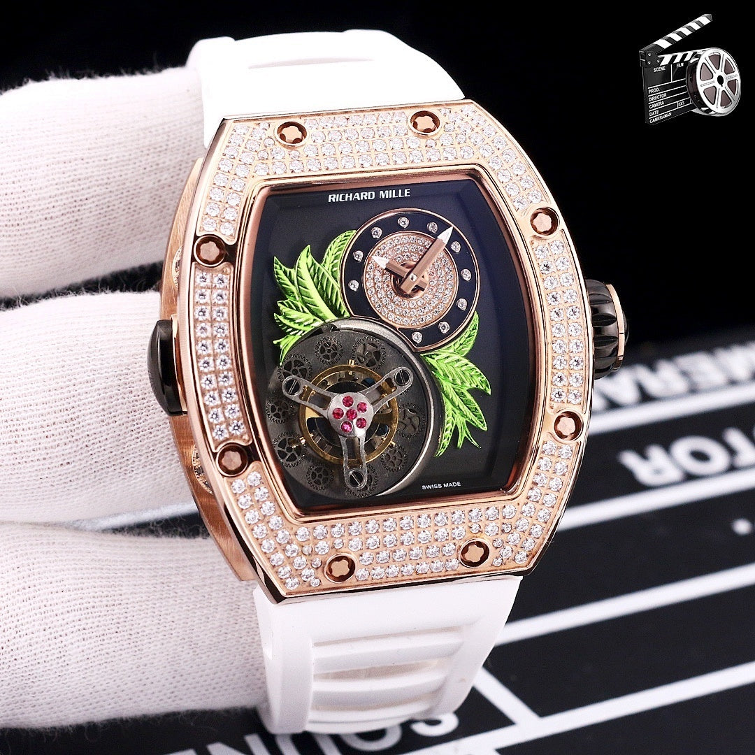 Richard Mille watch, white silicone strap, rose-gold crystal bezel, skeleton dial with green leaves