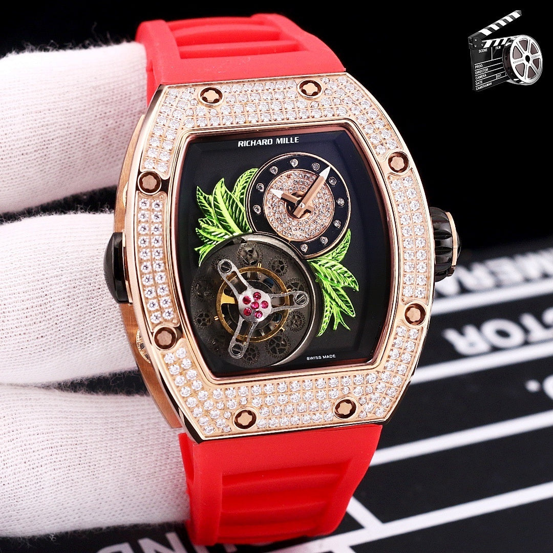 Richard Mille watch, red silicone strap, rose-gold crystal bezel, skeleton dial with green leaves