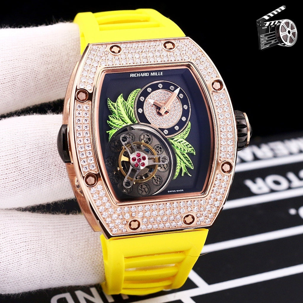 Richard Mille watch, yellow silicone strap, rose-gold crystal bezel, skeleton dial with green leaves